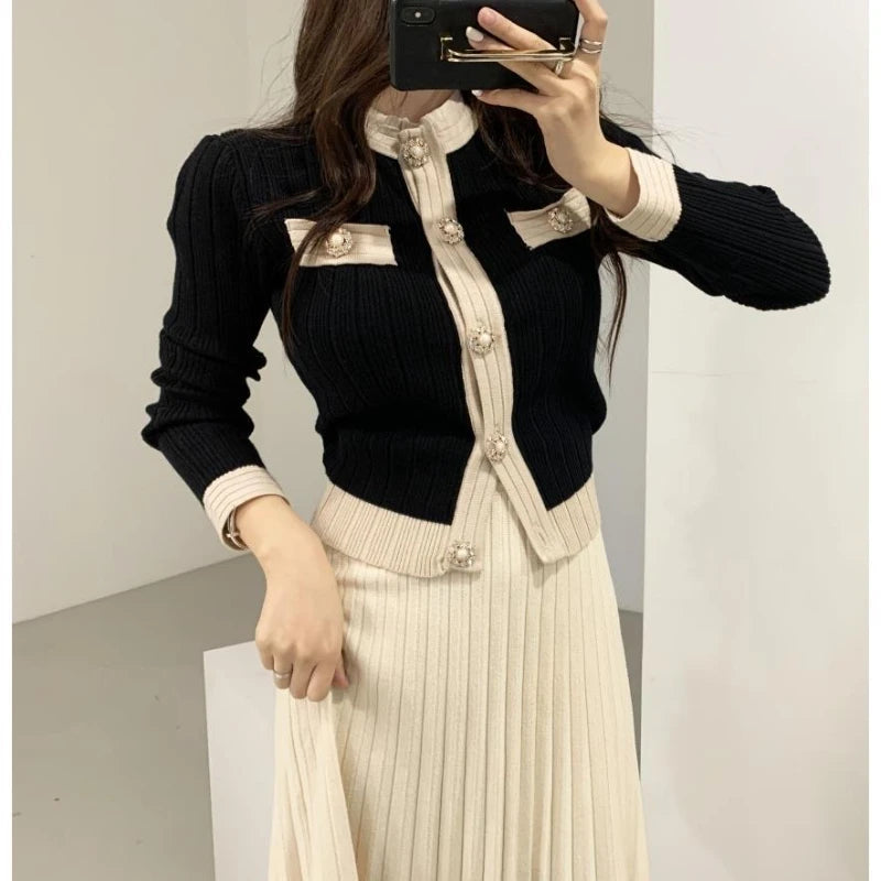 Women's Knitted Suit Long Sleeve Single Breasted Cardigan Sweater and A-line Midi Skirt Ladies Two Piece  Set Outfits G669