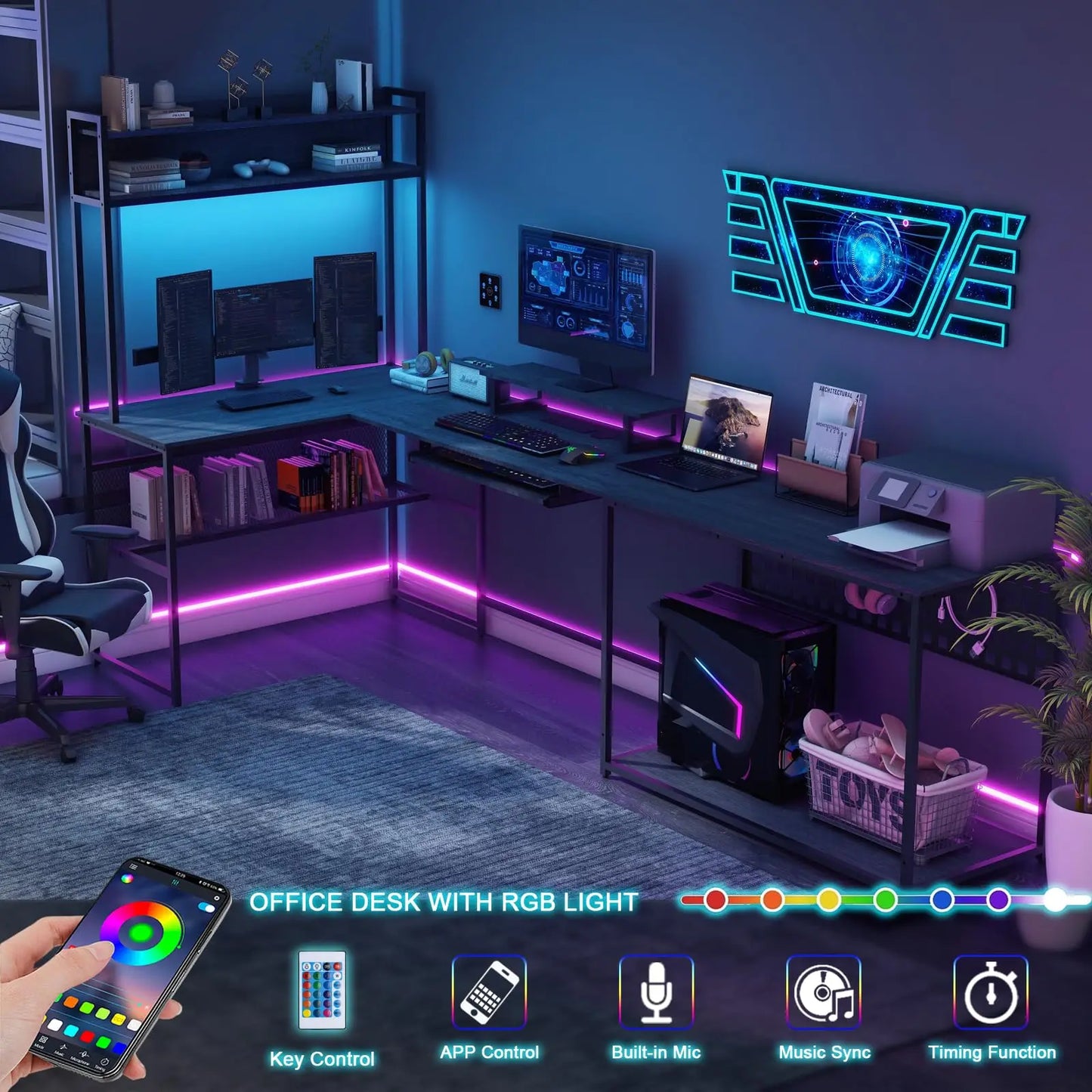 Vabches Computer Desk with Monitor Stand&LED Light Reversible Gaming Desk with Charging Station&Storage Shelves for Home Office