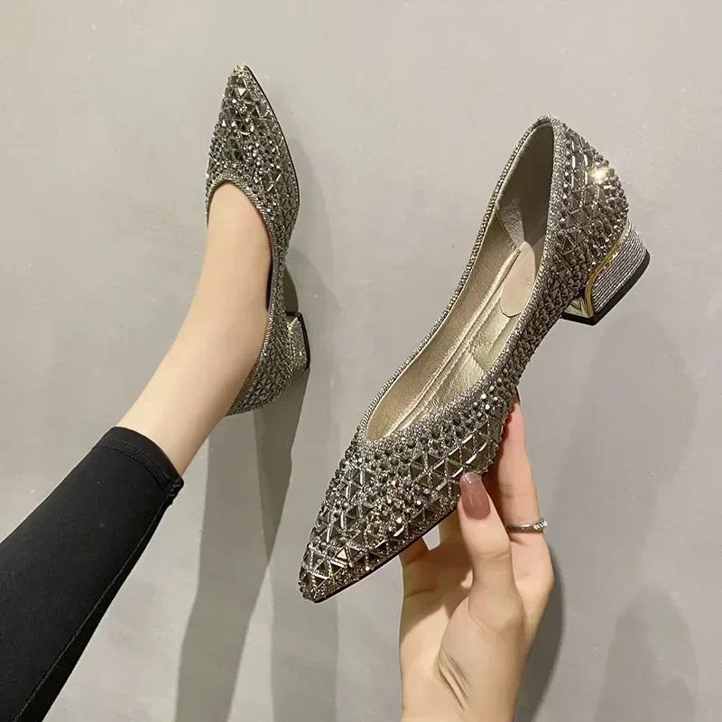 Women's Pumps 2024 New Crystal Pointed Toe Low Heeled Party Bride Wedding Shoes Fashion Loafers Elegant Ladies Dress High Heels