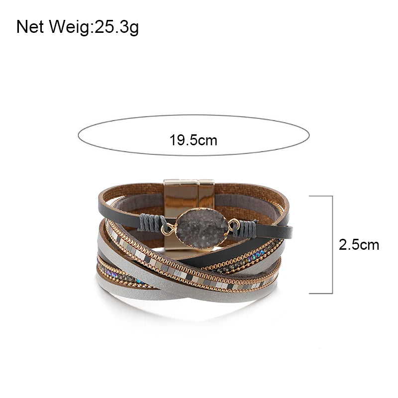 ALLYES Stone Charm Leather Bracelets for Women Men Fashion Crystal Ladies Boho Multilayer Wide Wrap Bracelet Female Jewelry