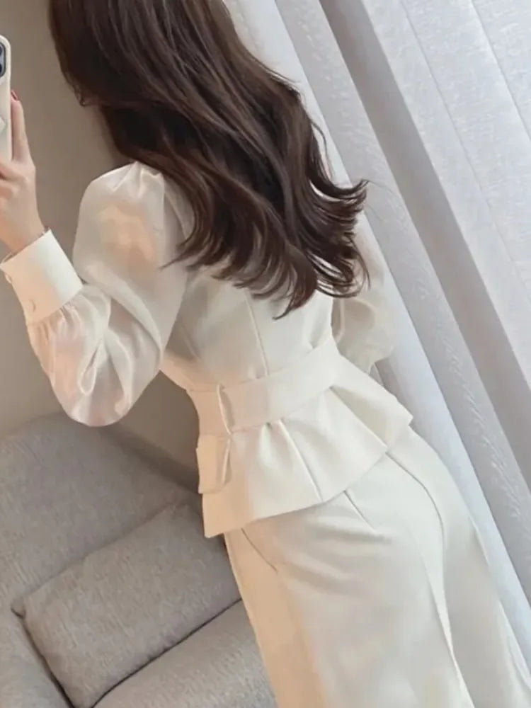 Autumn Fashion Elegant Women Casual Pantsuit Mesh Long Sleeve Shirts Tops and Pants 2 Pieces Set Office Ladies Trousers Suit