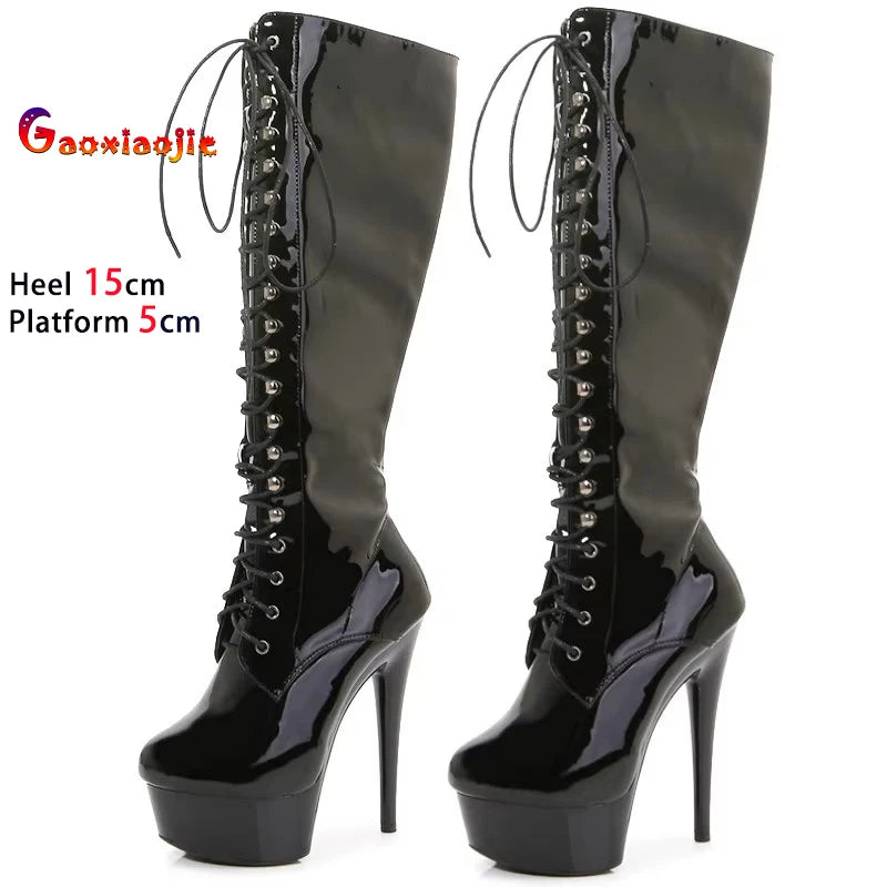 Women Middle Tube Boots Sexy Nightclub Thin Heel Shoes 15CM Pole Dance Training Leather Boot Black Side Zipper Boots One Pedal