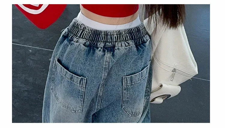 teenage girls wide leg jeans pants jazz kids clothes spring autumn chips print bell bottoms denim trousers 6 to 16 years