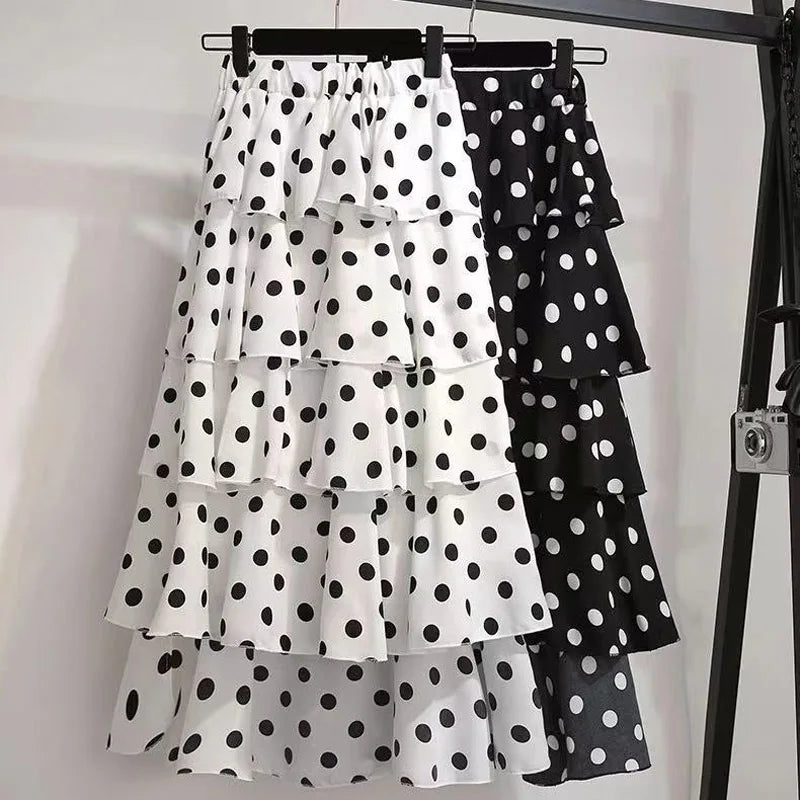 Summer Fashion Bohr Dot Slim Four Layers Chiffon Skirt Women Classic High Classic  Korean All-match Lady Casual Cake Skirt