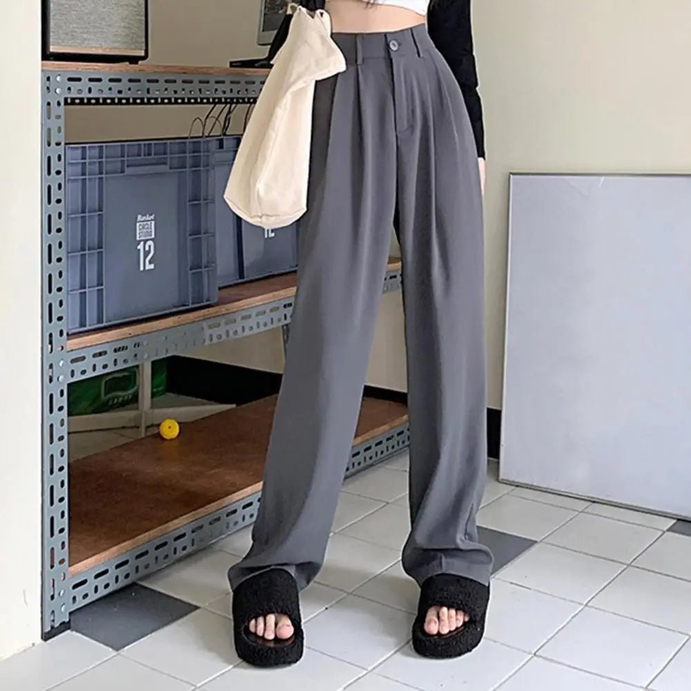 Women Wide Leg Dress Pants High Waist Button Zipper Fly Casual Trousers With Pockets Solid Color Office Lady Long Pants Workwear