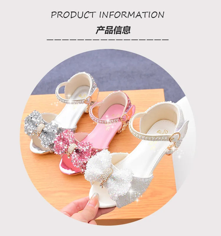 Children's Sandals Summer 2024 New Kids Crystal Bowknot Girls High Heels Soft Soled White Princess Wedding Performance Shoes