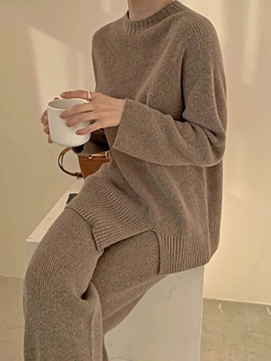 Autumn Women Knitted Tracksuit Casual Sweater Tops + Wide-Leg Straight Pants Suit 2 Piece Set Solid Femme Fashion Ribbed Outwear