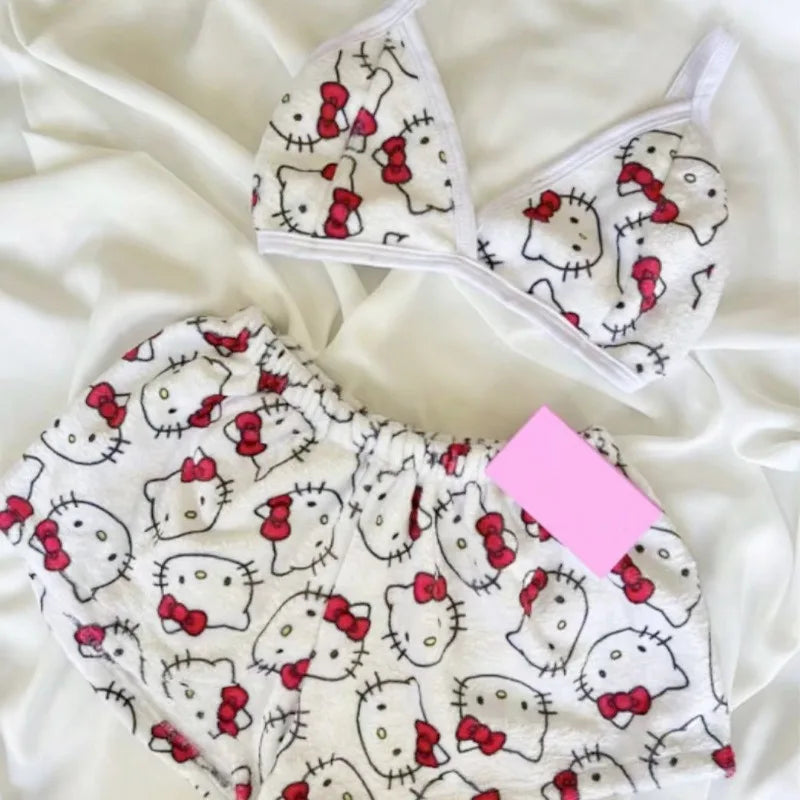 Kawaii Sanrio Hello Kitty Pajamas Set Cartoon Cute Y2K Women Flannel Pajama Pants Ladies Soft and Comfortable Home Slacks Gifts