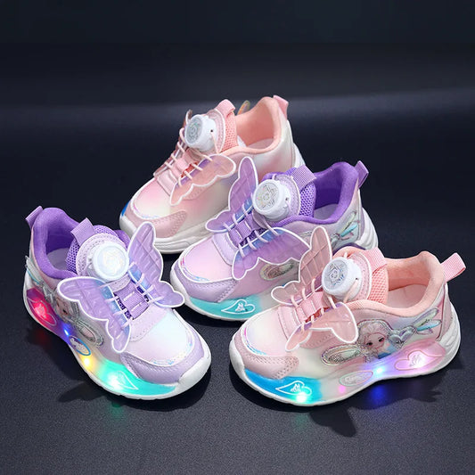 Disney LED Casual Sneakers Spring Girls Frozen Elsa Princess Leather Rotating buckle Shoes Children Lighted Non-slip Pink Purple