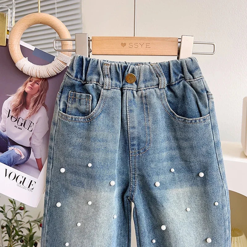 Girls Jeans Long Trousers Kids Pants Cotton 2024 Pearl Spring Autumn Baby's Teenagers Sport High Quality Children's Clothing