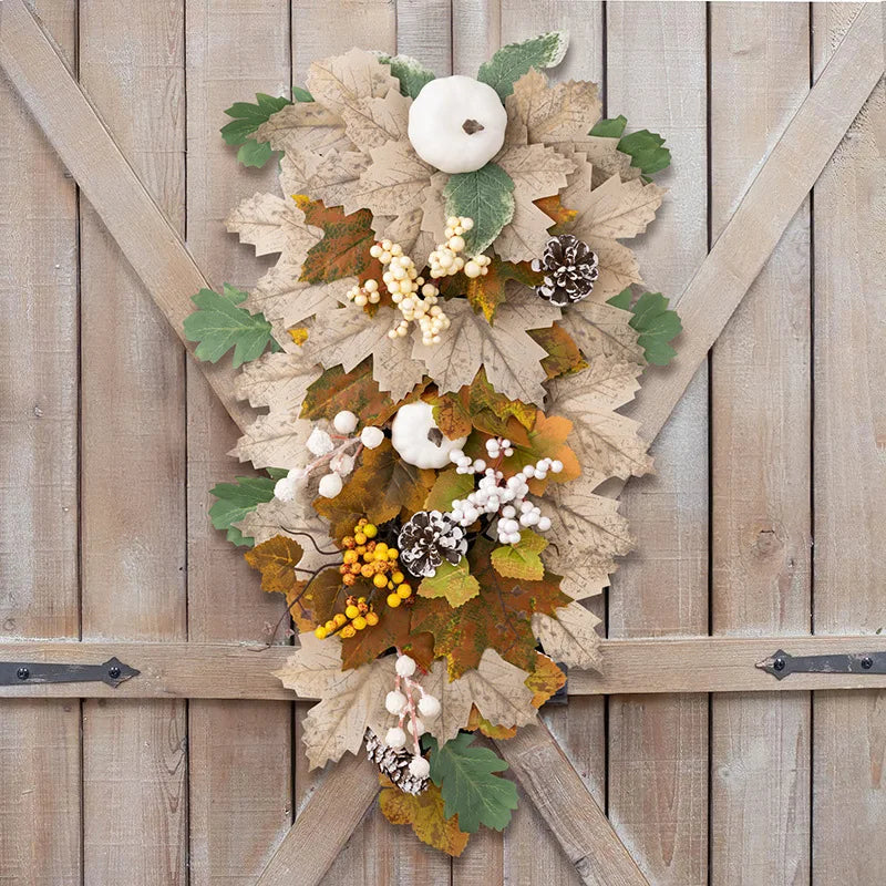 Artificial Pumpkins Maple Leaves Fall Wreath For Front Door Wall Farmhouse Decor And Thanksgiving Harvest Festival Celebration