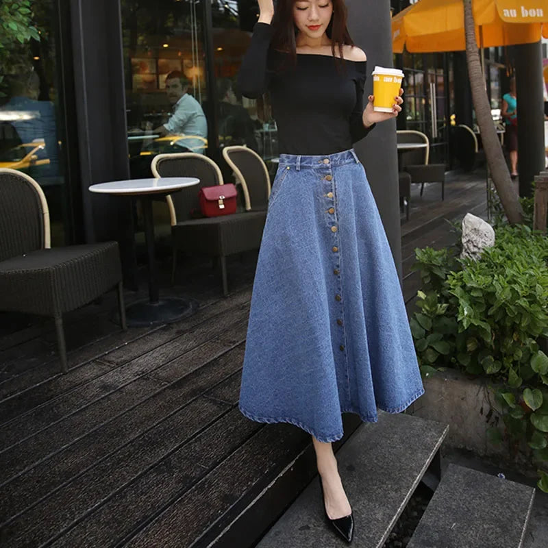 Long Denim Skirt Women Maxi High Waist Single-Breasted A-Line Jeans 2021 Summer New Fashion Korean Style Elegant Ladies Clothes