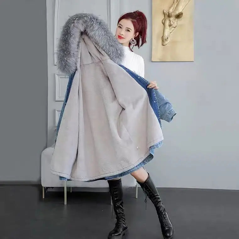 Women Jeans Coat 2024 New Winter Coat Thick Wool Denim Jacket Korea Loose Fur Collar Hooded Long Clothes Female Outerwear R375