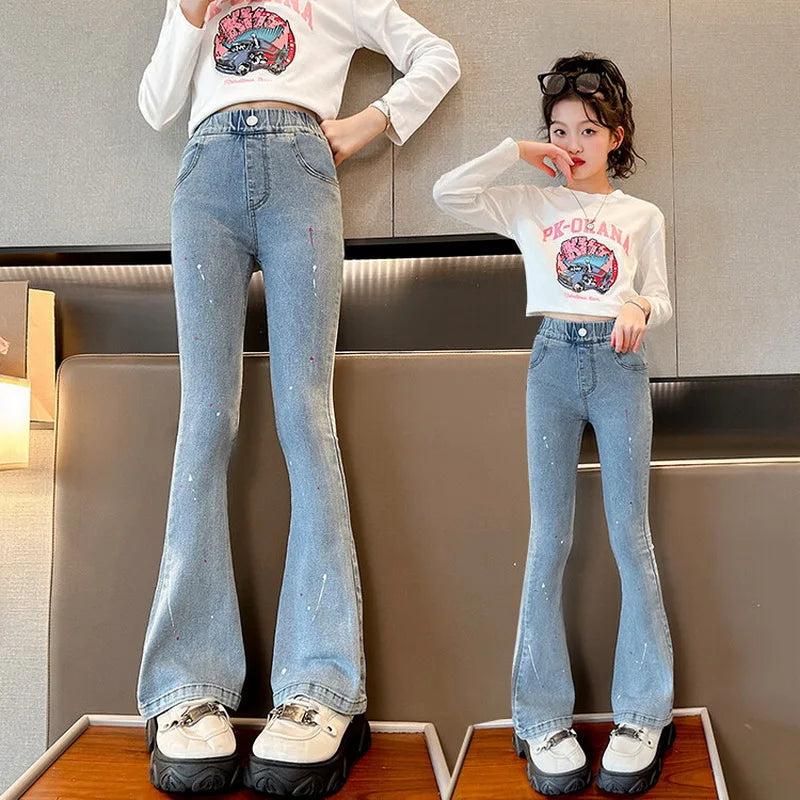 New Spring Autumn Teens Girl Clothes Denim Jeans Fashion Graffiti Harajuku Tight flared Pant Child High Elastic Waist 4-15 years