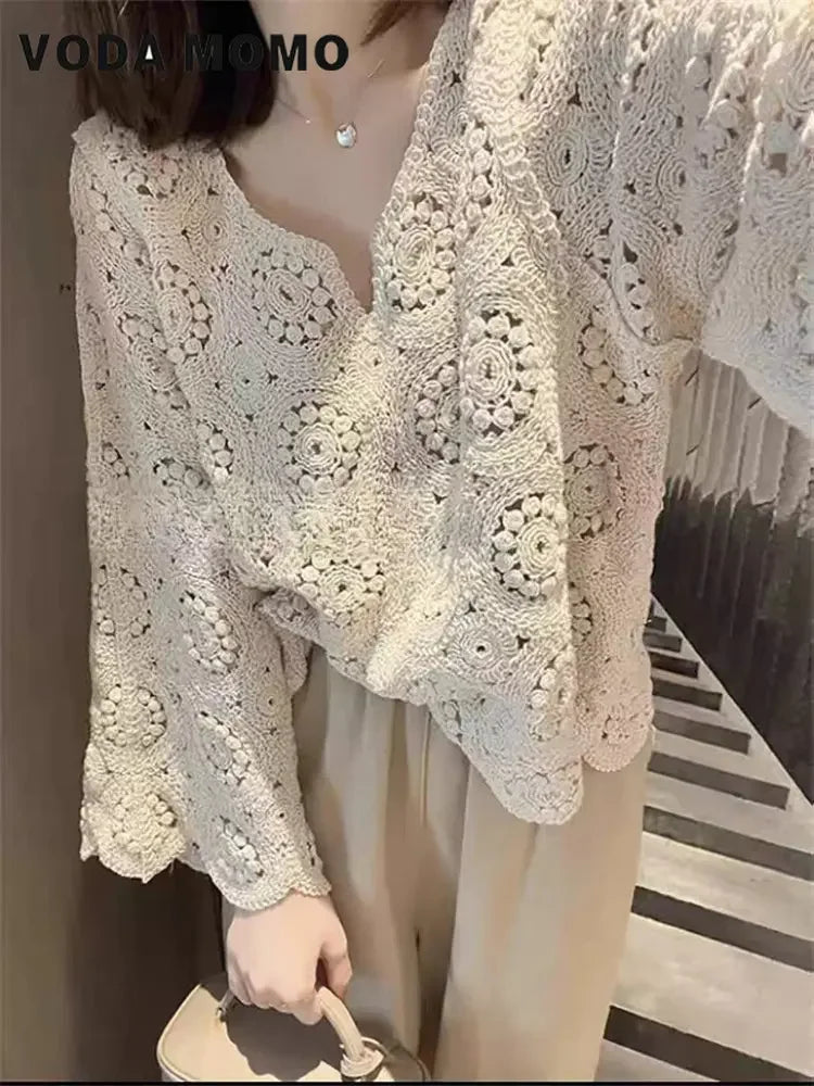 Women New Spring Summer Fashion Knitted V-Neck Cardigan Office Lady Full Sleeve Tops Femme Loose French Style Sexy Hollow Lace