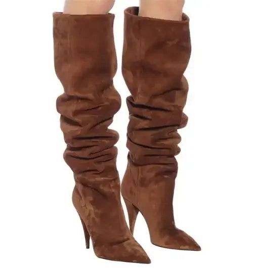 New Woman Black Burgundy Cow Suede Spike Heels Thigh Boots Female Pointed Toe Sexy Pleated Slip On Tube Over The Knee Long Boots