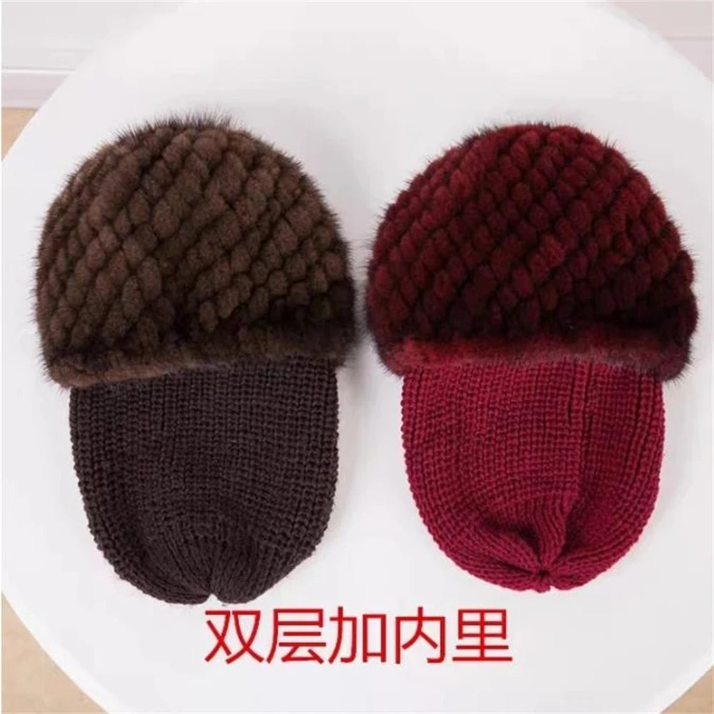 Mink Fur Skullies Beanies Hats for Women Striped Double-Deck Thick 100% Mink Warm Stretch Ear Protection Ladies Fall Winter Hot