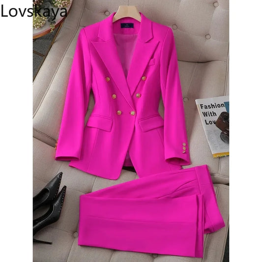 Button Decoration Formal Jacket Blazer and Trouser 2 Piece Set Fashion Pink Green Black Ladies Work Wear Pant Suit Women