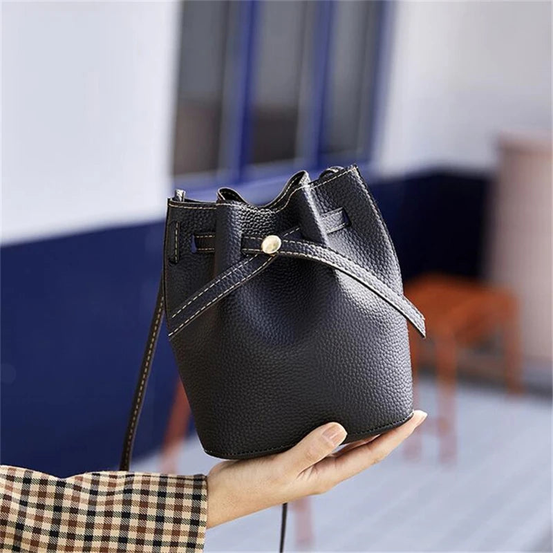 Fashion Bucket Shoulder Bag Women Drawstring Crossbody Bag Female Messenger Bags Ladies Synthetic Leather Handbag