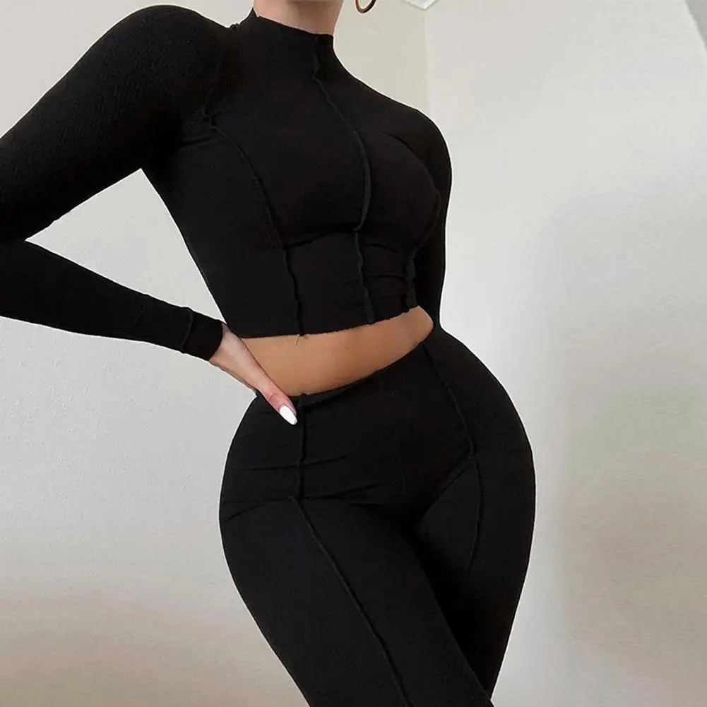 Women Long Sleeve Bodycon Jumpsuit Autumn Bright Line Decoration Butt-lifted Lady Tracksuit Crop Top Pants Suit Sexy Club Outfit