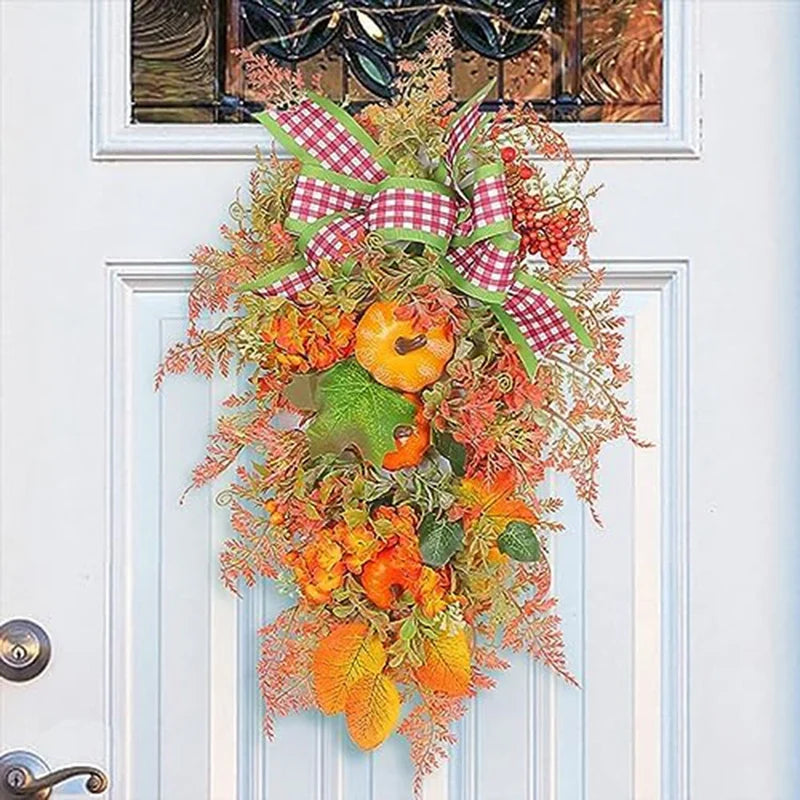 Fall Harvest For Front Door,Fall Wreath,Artificial Fall Harvest Teardrop,Thanksgiving Decorative Swags,Autumn Fall Decor