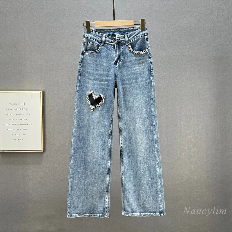 2024 Spring Summer Women's Wide-Leg Jeans New High Waist Hollow Out Mop Trousers Fashion Diamond Denim Pants Female Clothes