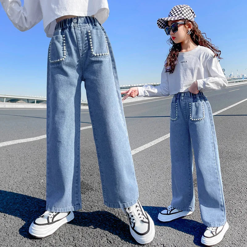 Spring and Autumn Fashion Big Children Trousers Western Style Girls Pearl Round Bag Cowboy Wide Leg Pants Teenage Denim Pants