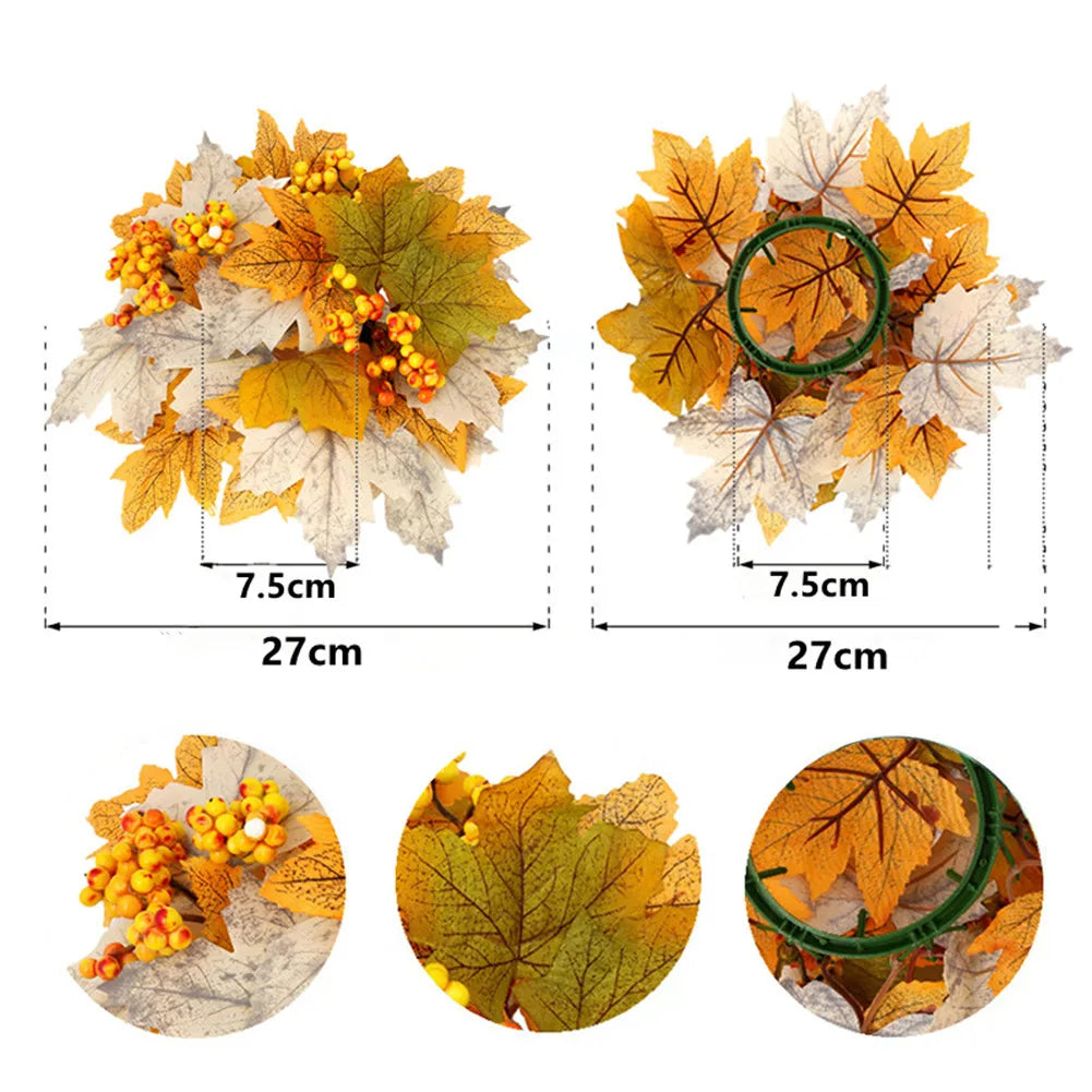 2 Pack Fall Candle Rings Wreaths 11" Artificial Maple Leaves And Berries Candle Rings For Farmhouse Halloween Table Decor