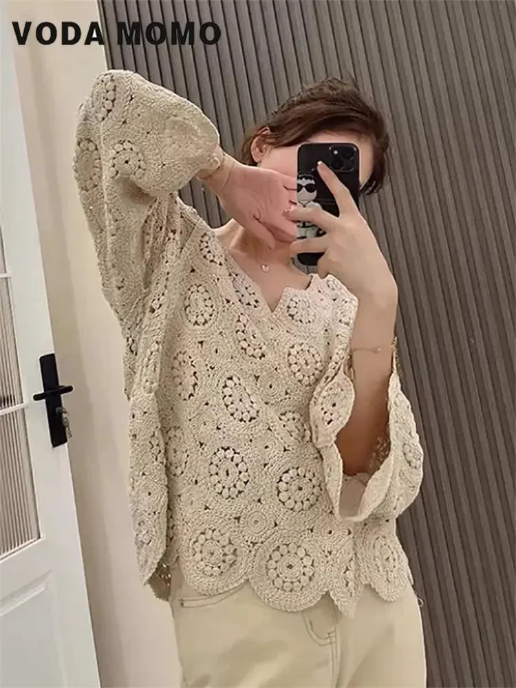 Women New Spring Summer Fashion Knitted V-Neck Cardigan Office Lady Full Sleeve Tops Femme Loose French Style Sexy Hollow Lace