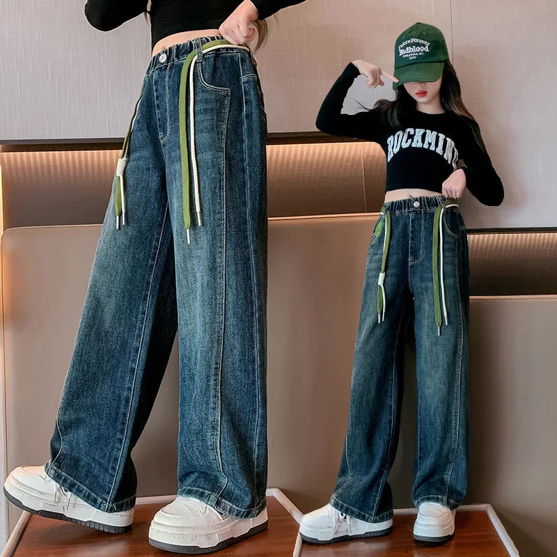 Teenage Girls Wide Leg Jeans Autumn School Kids Straight Pants Blue Loose All-match Denim Trousers for Children Clothing 4-14Yrs