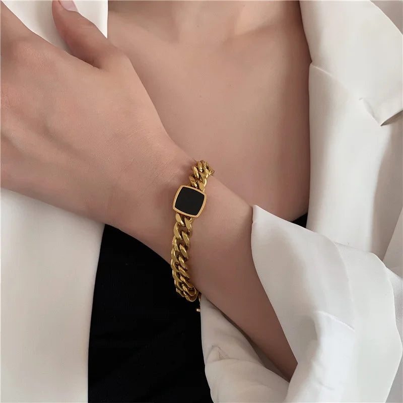 Stainless Steel Gold Color Bracelet Ladies Hip Hop Thick Chain Black Square Bracelet for Woman Man Fashion Bracelet Wholesale