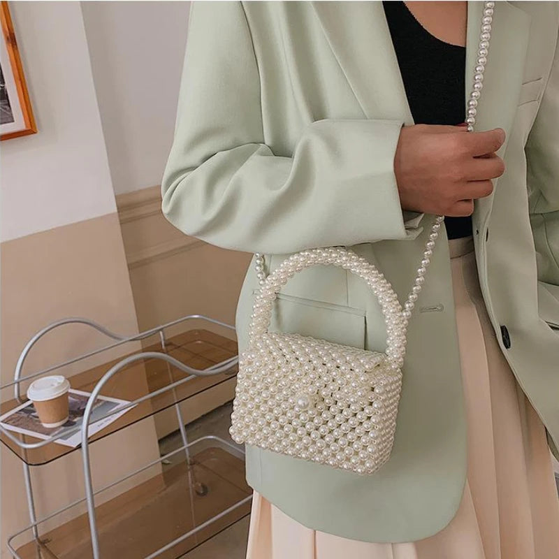 Pearl Crossbody Bags for Women Small Coin Wallet Handbag Handmade Woven Ladies Phone Tote Hand Shoulder Bag