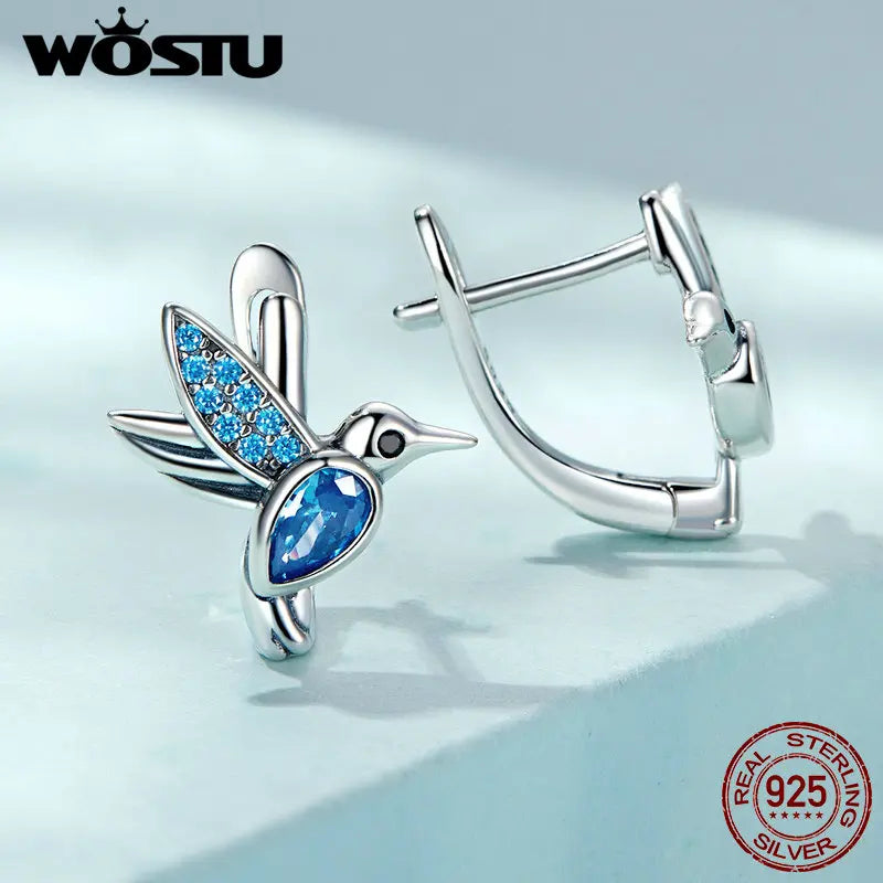 WOSTU 925 Sterling Silver Humming Bird Hoop Earrings For Women Blue Crystal Drop Ear Clips Earring Ladies luxury Wedding Jewelry