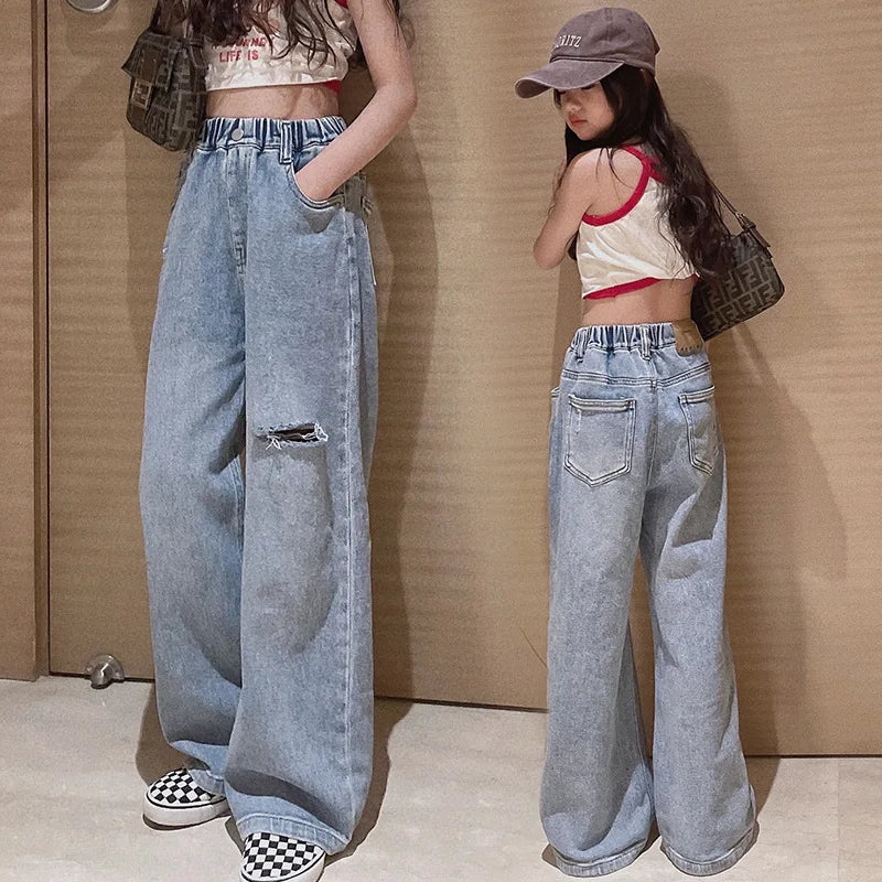 Children Hole Jeans for Girls Spring Loose Denim Trousers Kids Casual Wide Leg Pants Teenage Girl Long Jeans