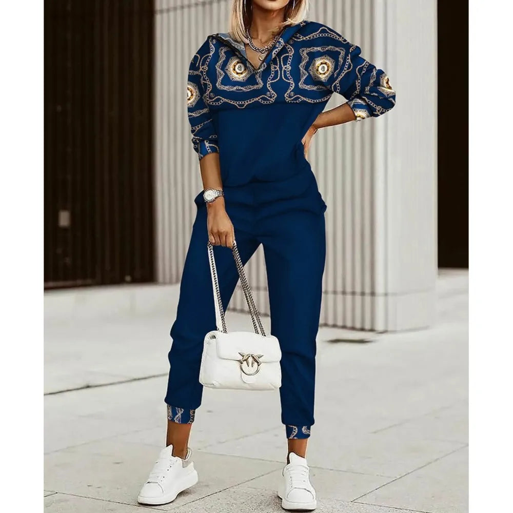 Vintage Maze Print Casual 2 Piece Sets Women Spring Autumn Fashion New Pullover Hoodie And Pencil Pants Set Casual Sport Suit