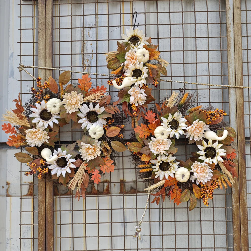 Fall Harvest Pumpkin Wreath Upside Down Thanksgiving Teardrop Pendant Sunflower White Pumpkin Maple Leaf Decorative Door Decor