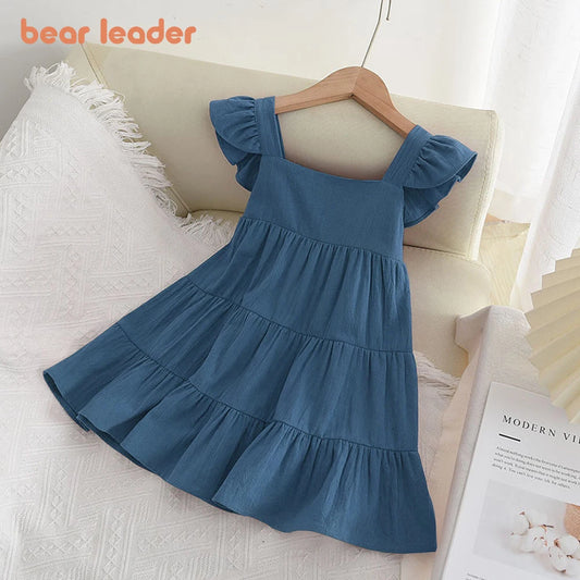 Bear Leader Girls' Dress 2023 Summer New Casual Girls' Sleeveless Ruffle Dress Princess Dress Cute Solid Color Fashion Dress