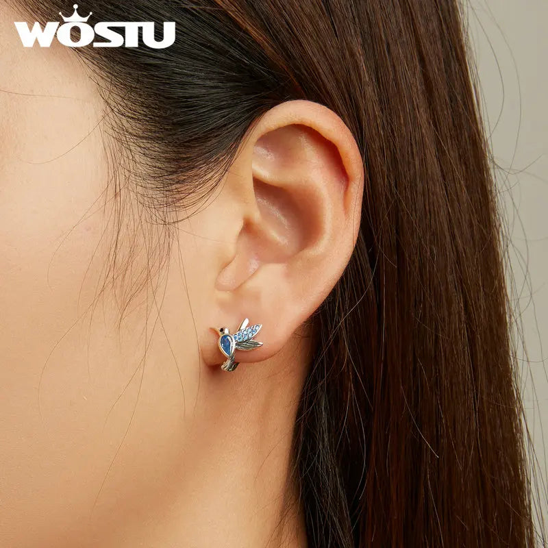 WOSTU 925 Sterling Silver Humming Bird Hoop Earrings For Women Blue Crystal Drop Ear Clips Earring Ladies luxury Wedding Jewelry