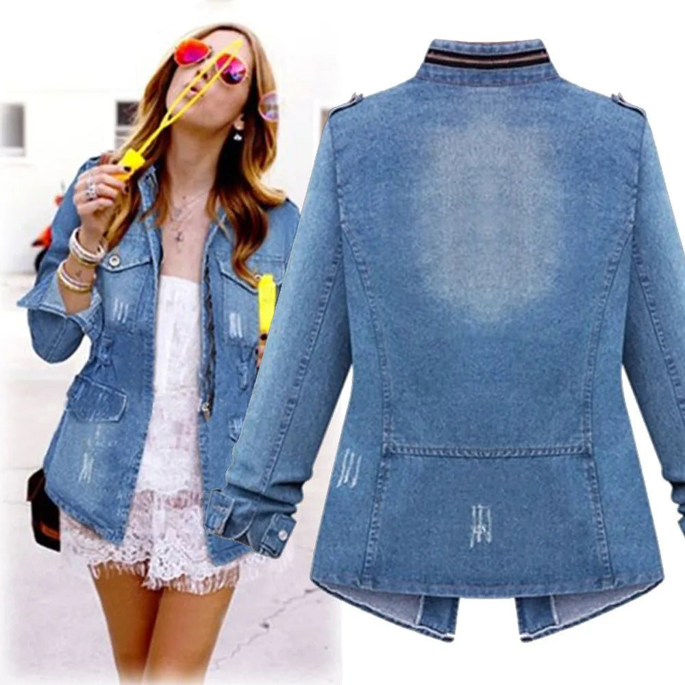 2021 Plus Size Denim Jacket Womens Casual Solid Casual Oversize Autumn Ladies Slim Jeans Chain Jacket Pocket Coat