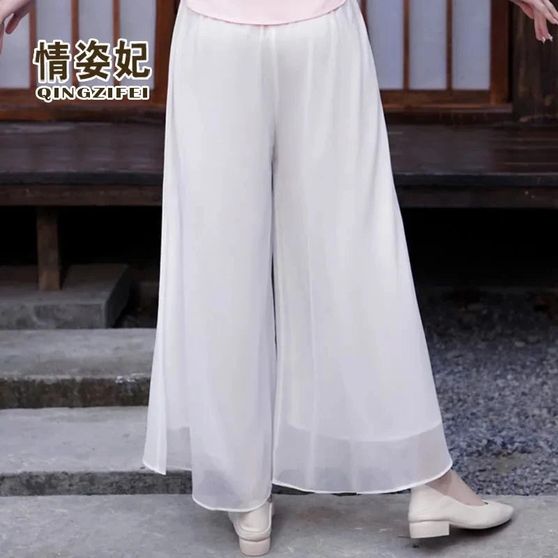 Spring Chiffon Embroidery Wide Leg Pants Woman Clothing High Waist Fashion Tang Dress Skirt Pants Female Vintage Chinese Style