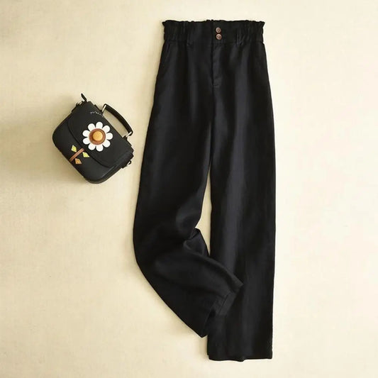 Women Pants High Waist Bud Elastic Waistband Lady Slacks Buttons Fly Pockets Full Length Office Trousers Lady Wide Leg Trousers