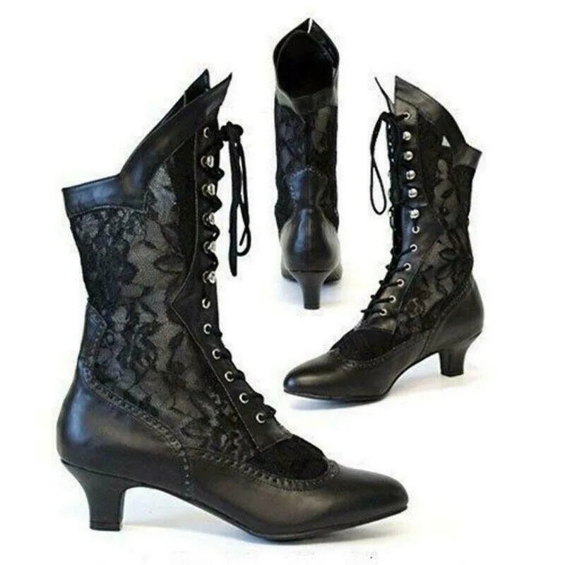 Vintage Women's Ankle Boots Victorian Pointed Toe Mid-Calf Boots for women elegant Pu Lace Up boot Spliced Ladies High Heel Shoe