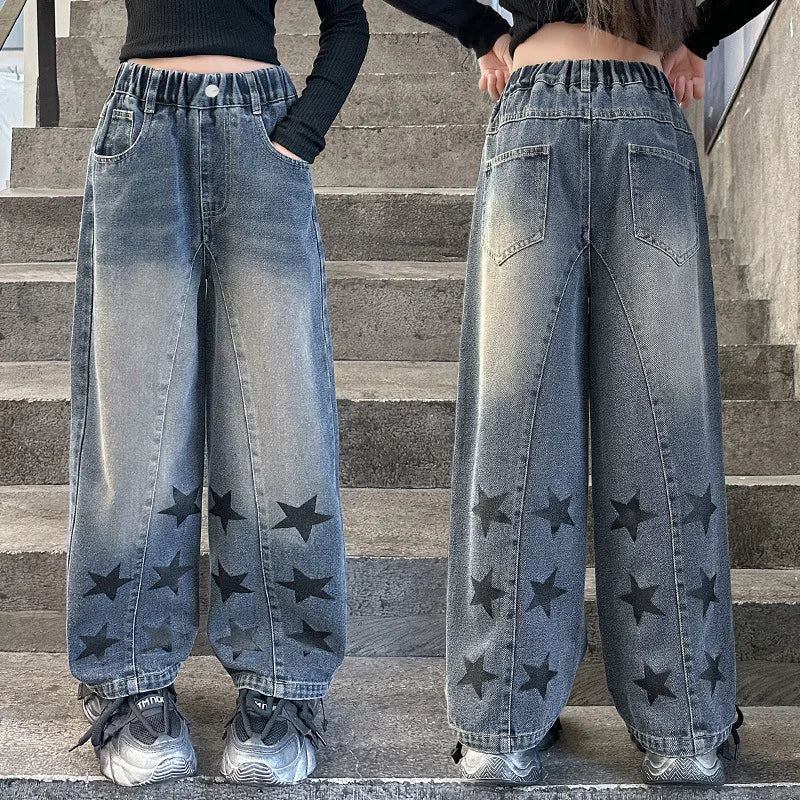 Teens Girls School Children Trousers Five-Pointed Star Design Casual Loose Jeans for Kids Elastic Waist Fashion Straight Pants