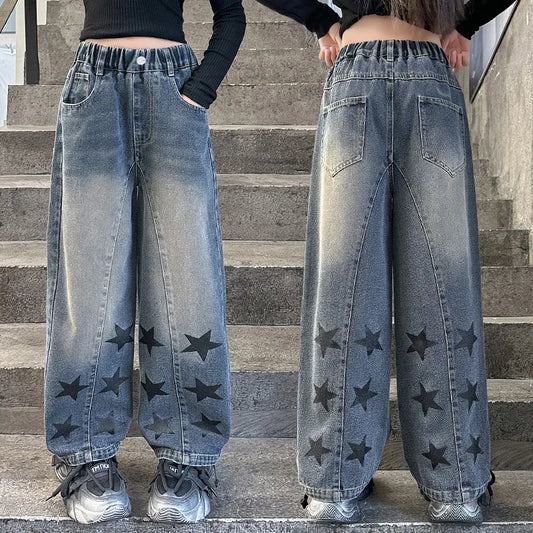 Teens Girls School Children Trousers Five-Pointed Star Design Casual Loose Jeans for Kids Elastic Waist Fashion Straight Pants