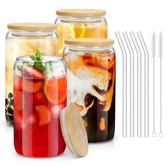 Drinking Glasses with Bamboo Lids and Glass Straw 6pcs Set 16oz Can Shaped Glass Cups Beer Glasses Iced Coffee Tumbler Cup