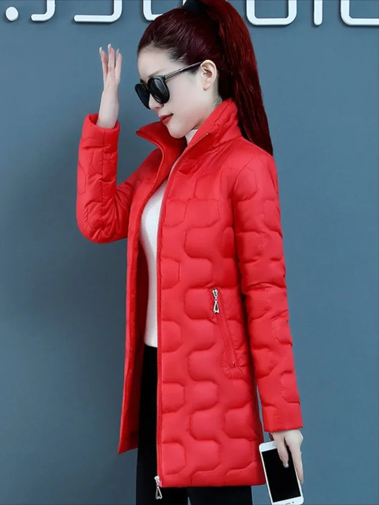 Red Zip-up Women's Cotton Coat Lightweight Padded Jacket Long Parkas Quilted Discount High Quality Luxury Offers Cold Lady Parka