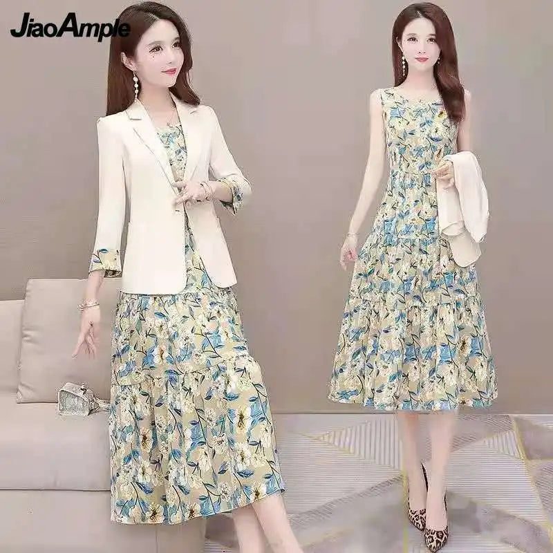 Women's Casual Floral Sling Dress Set 2024 Spring Autumn New Suit Jacket Dresses Two Piece Female Chic Blazers Midi Skirt Set