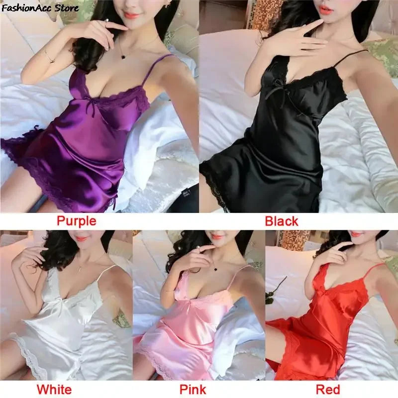 Ladies Silk Sling Nightdress Women's 2024 Summer Sexy Lingerie Satin Nightgowns Sleepshirts Lace Cup V-neck Nightwear Homewear