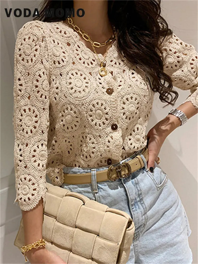 Spring New Lace Sweet Korean Lady Chic Blouses Sweet Tops Hollow Out Full Sleeves Hook Flowers Stylish Cardigans Vintage Women