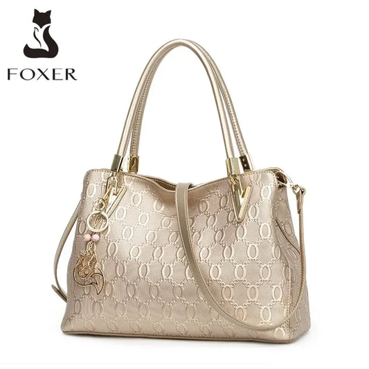 FOXER Women Big Cowhide Shoulder Bag Female Split Leather Handbag Fashion Lady Tote Large Capacity Top Handle Bag